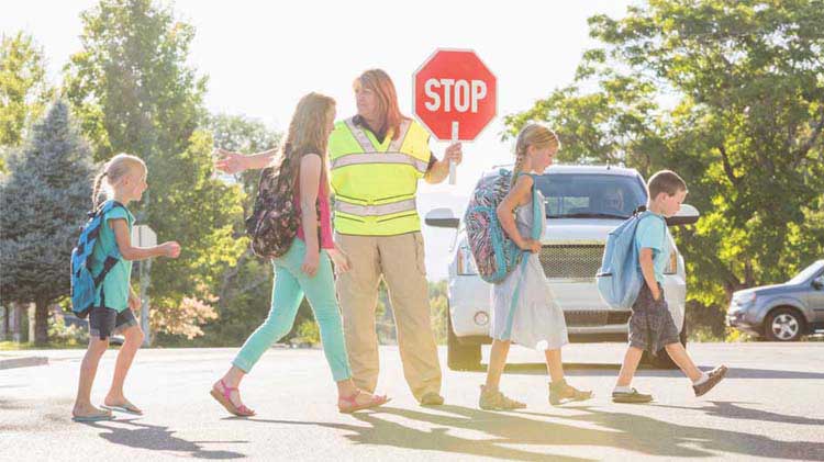 Crossing guard helping children cross the street.