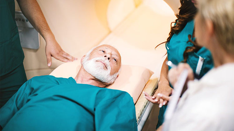 Man receiving test at health care facility.