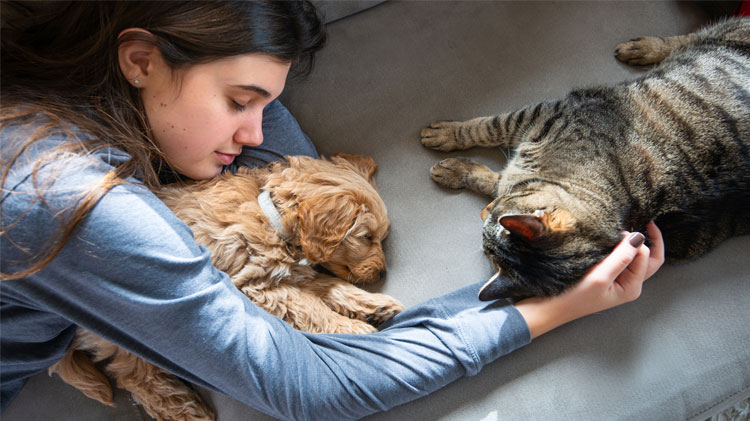 Girl comforting her dog and cat.