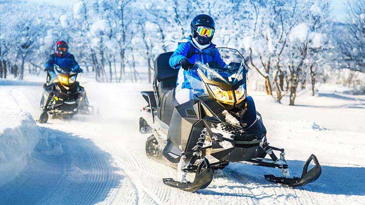 Two snowmobiles on a trail.