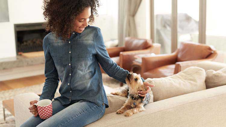 Young adult in her clean well kept apartment holding a mug while petting her dog.