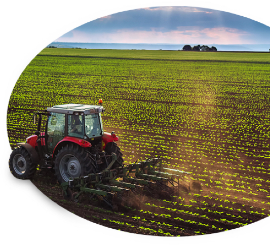 A tractor that farm and ranch insurance covers tills the soil as the sun breaks through the clouds.