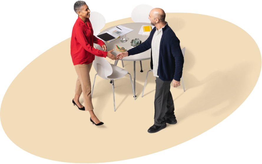 A female State Farm agent greets a gentleman in a black jacket about State Farm boat insurance.